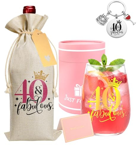 Bliceon 40th Birthday Gifts for Women Men, Personalised Wine Glass with Bottle Bag, Keyring and Card, 40th Birthday Wine Glass Gifts Set for Anniversary, Wife, Best Friend, Mum, 40 Year Old Women