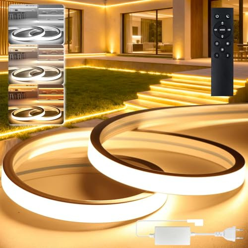 BRIMETI LED Streifen Dimmbar Aussenbereich 230V Neon CCT LED Strip 20M Wasserdicht Lichtleiste IP65 Warmweiss/Neutralweiß/Weiß 120LED/M Silikon Band Schlauch Aussen Outdoor mit Netzteil Fernbedienung