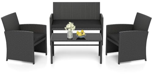 GIANTEX 4-teiliges Gartenmöbel Set, Outdoor Rattan Balkonmöbel mit gehärtetem Glas-Couchtisch, 2-Sitzer Sofa, 2 Einzelsesseln, Kissen, Balkon Sofa für Terrasse, Balkon, Garten (Schwarz+Schwarz)