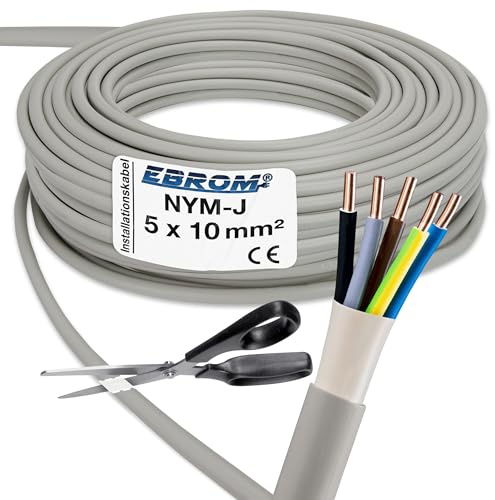 EBROM NYM-J 5x10 mm² Mantelleitung Installationskabel grau - Länge: 25 m | 5 bis 100 m, Installationsleitung, Feuchtraumkabel, für die feste Verlegung in trockenen + feuchten Räumen 5x10 mm2 300V/500V