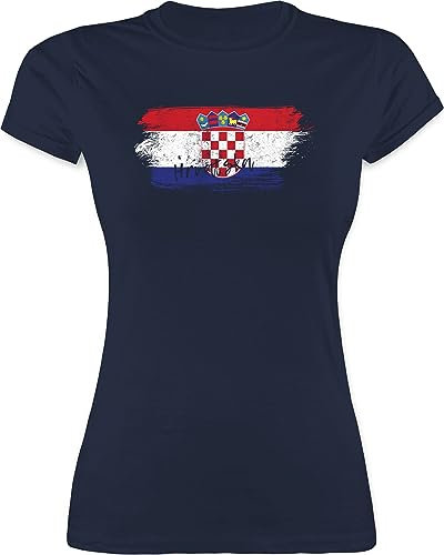 Shirt Damen - Fußball EM WM - Kroatien Vintage - L - Navy Blau - wm+Kroatien+Trikot fußballtrikot länder Croatia Funshirts für Frauen wm-Shirts Country Croatian Shirts fußballtrikots