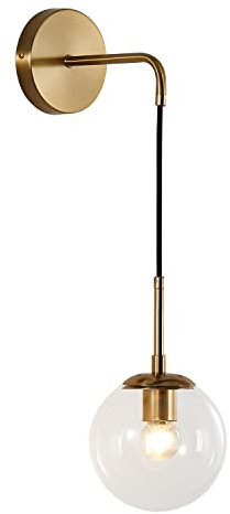 KCO Mid Century Moderne Wandleuchte Minimalistische Glaskugel Wandleuchte mit verstellbarer Schnur Gold Messing Runde Wand Leselampe (klarer Lampenschirm)