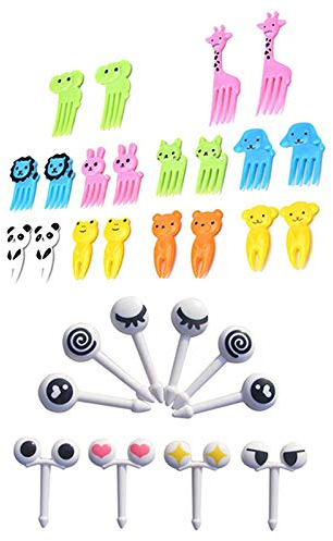 Bobury Juego de 20 piezas de mini ojos de dibujos animados, tenedor de frutas, tenedor de plástico, palillos de dientes para niños, aperitivos, postres, comida, frutas, palillos de dientes
