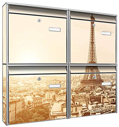 Briefkastenanlage 4 Fach | Postkästen 72x64x10cm groß | verzinkter Stahl schwarz DIN A4 Motiv Dächer Von Paris | Briefkasten Set 4 Briefkästen Namensschild 2 Schlüssel Montagematerial