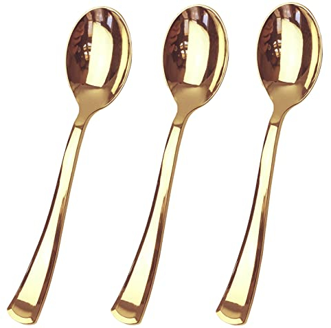 JL Prime 50-Piece Reusable Gold Plastic Spoons, Heavy Duty Party & Wedding Cutlery Set