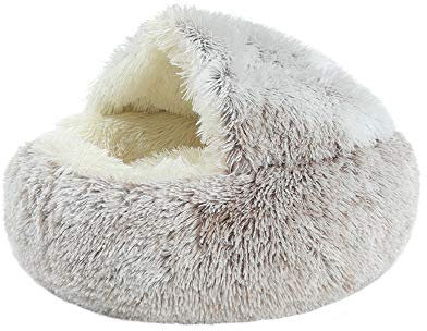 Souarts Katzenhöhle Katzenbett Halbgeschlossenes Hundebett Haustierbett mit Abdeckbett, Runde weiche Plüschhöhle Kuschelhöhle für Hunde und Katzen(Kaffee,Durchmesser 50 cm)