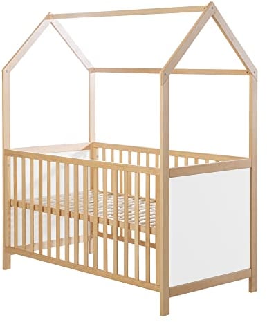 roba Hausbett 70 x 140 cm - FSC zertifiziert - Babybett in Hausoptik - Höhenverstellbar - Umbaubar zum Juniorbett - Holz bicolor