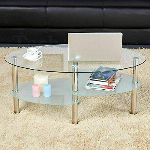 Table Basse Ovale en Verre Simple et élégante avec Pieds en Métal et 2 étagères - 90x50x43 cm (Dessus Transparent - Fond Blanc)