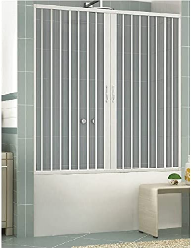 Badewanne aus PVC Nischen, Breite 140-200 cm, Höhe 150 cm, Modell ASIA, Weiß, Duschwand Duschkabine mit zentraler Öffnung mit zwei Falttüren, auch kürzbar (Breite 180 cm, Höhe 150 cm)