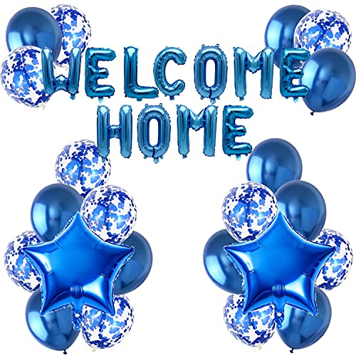 FACHY Willkommen Zuhause Banner Welcome Home Ballon mit Stern Konfetti Folien Luftballons für Hause Familie Willkommen Baby Empfang Partei Dekoration(24 Stück) (Blau)