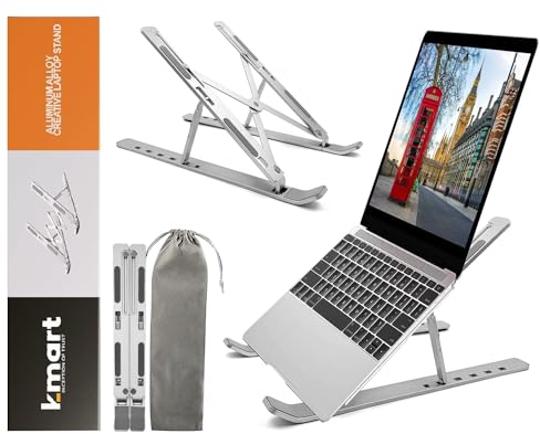 K-MART Laptop Stand for Desk, Adjustable Aluminum Laptop Riser for Desk & Bed, Air-Ventilated Portable Laptop Stand, Compatible with MacBook, Dell, HP, and 10-15.6”