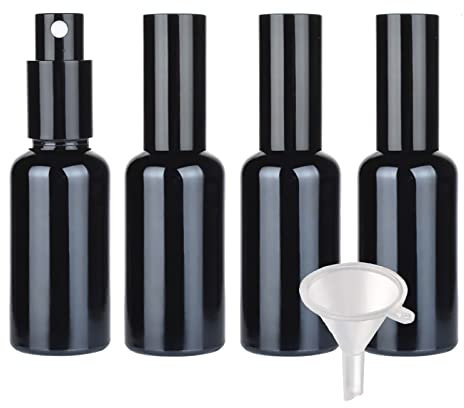 TIANZD 4 Piezas Botella de Cristal Negro con Bomba en Spray 50ml, Frasco de vidrio con Pulverizador Negro para Aceites Esenciales Perfume Envase Cosmético, Embudo