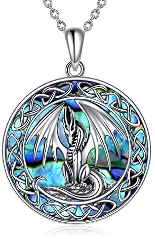 YAFEINI Drachen Kette für Damen Mädchen Sterling Silber Abalone Muschel, irischer keltischer Knoten Drachen Anhänger Halskette Schmuck Geschenke