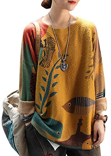 YESNO Women Long Sleeve Jumpers Oversized Graphic Knitted Sweater Crew Neck Loose Vintage Pullover Sweater Tops S S01UK CR19