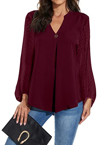 Magritta Women V Neck Long Sleeve Shirts Casual Tunic Tops Pleated Blouse | Chiffon Blouses for Women, Work Office Tunic Tops, Oversized Shirts, Fall Winter Clothes