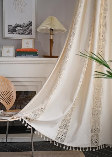 iyoimono Boho Vorhänge 2er Set Beige Vintage Gardinen Landhausstil Häkeln Stricken Vorhänge,Baumwolle Leinen Quaste Transluzente Verdunklung Gardinen für Küche Wohnzimmer Schlafzimmer,B150×H200cm