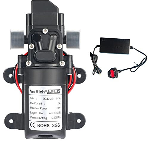 VerRich G1/2 20mm 12V Water Pumps 131 PSI Diaphragm Pump with Power Supply Adaptor for Water Tap,Motorhome,Caravan