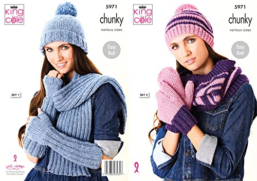 King Cole Ladies Chunky Knitting Pattern Easy Knit Accessories Mittens Scarf Cowl & Hat (5971)