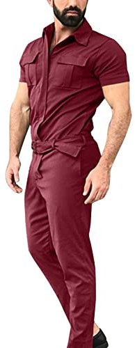 Caxndycing Men's Spring Summer Plain Short Sleeve Jumpsuit Tooling Lace-Up Zip Romper Trousers with Pockets Men's Leisure Suit Overall Bodysuit Tracksuit Coveralls Dungarees with Pockets, red, XL