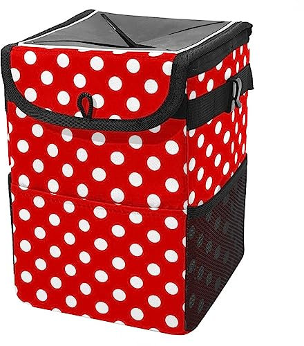 KQNZT Poubelle avec couvercle et poches de rangement, organisateur étanche, poubelle étanche, poubelle polyvalente pour voiture,Rouge Blanc Pois Rétro Moderne