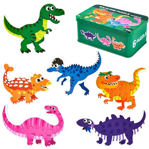 Kinderpuzzle, 6 Pack Dinosaurier Puzzle für Kinder, Holzpuzzle Spiel Montessori Spielzeug ab 3 4 5 Jahren, Jigsaw Puzzle Lernspielzeug für Vorschule Kindergarten Jungen und Mädchen