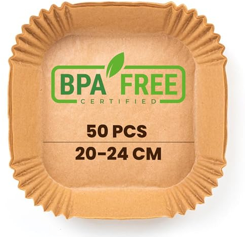 Papel freidora aire PORTENTUM 50 unidades Food-Grade BPA free de 20-24 cm Papel Air Fryer Cuadrado, Para freidoras sin aceite de 5 a 8 litros - Ideal para Cocinar Saludablemente