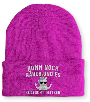 tshirtladen Strickmütze Komm noch näher und es klatscht Glitzer Mütze Wintermütze lustige Beanie mit Stick, Farbe: Pink