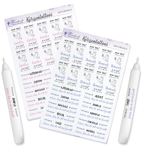 FEENSTAUB Kerzen Tattoos für die Taufe, personalisierte Gastgeschenk selber machen, Aufkleber für Kerzen, Taufsymbol Taube, DIY Taufkerze, Give-Aways gestalten, Wimpel