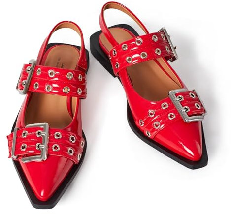 Lunhonk Slingback Flats Ballerinas Flats Buckle Ballet Flats for Women Wide Welt Squared Block Heel Dress Shoes, Red, 9 UK