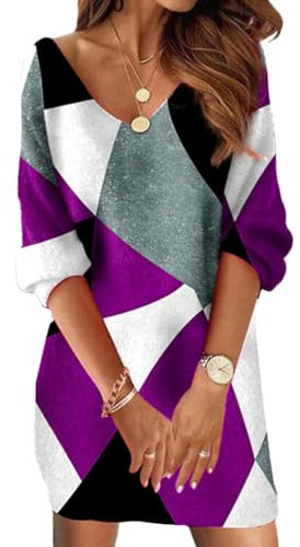 shownicer Femmes Col V Robe à Manches Longues Casual Paillettes Robes Courte Chic et Elegant Couleur Unie Brillant Robe Au Genou Soirée Fête Cocktail C Violet M