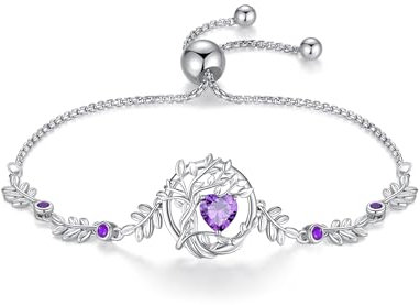 FANCIME Bracelet Arbre de Vie Femme, Argent Sterling 925 Plaqué Or Blanc 14K avec Pierres de Améthyste, Bijou Cadeau Anniversaire, Longueur Réglable