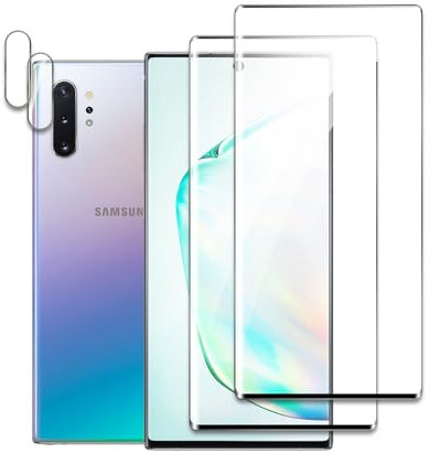 2 Stück Schutzfolie für Samsung Galaxy Note 10 Plus mit 2 Stück Kamera Panzerfolie, 3D Gebogene vollständige Abdeckung Schutzglas Folie, Anti-Kratzer, Einfache Installation