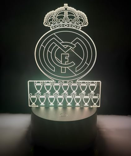 Lampara Real Madrid, 15 Champions League personalizada, Regalo para Niños,16 Colores, Escudo de Fútbol para Niño y Adulto.Luz Led Nocturna,Control Remoto, 3D Táctil. Iluminación Interior.