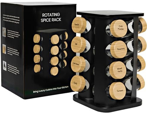 My Luxury Cuisine Rotating Spice Rack, Aesthetic Spice Rack for Inside Cupboard or Free Standing, Ideal Spice Rack Organiser Including 16 Spice Jars with Lids and Labels to Easily Sort your Spices.