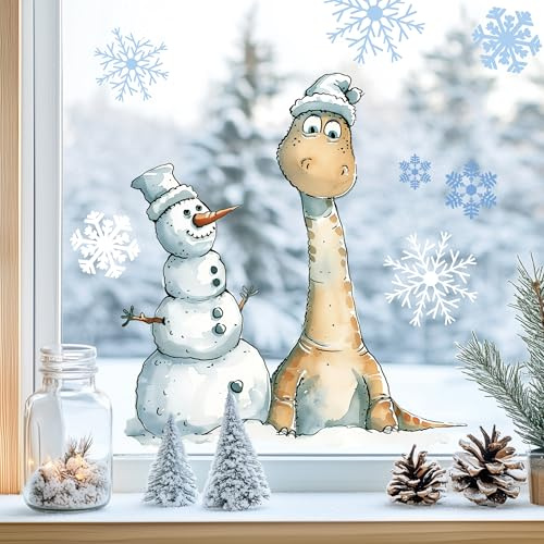 Fensterbild Fensteraufkleber Dino Langhals Winter Fensterdeko | Fensterdeko Glasdeko für Fenster Glasflächen Kinderzimmer Wohnzimmer Küche Bad statisch haftend wiederverwendbar Saison Deko
