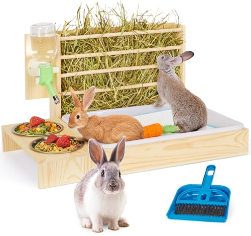 Kaninchenheu Futterstation mit Katzentoilette, Kleintiere Heuraufe mit Wasserflasche und 2 Schalen Holz Bunny Heu Halter Feeder Toilette Combo für Kaninchen, Meerschweinchen, Hamster, Igel,