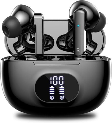 Evozy Wireless Earbuds, Bluetooth 5.3 Headphones with 4 ENC Noise Canceling Mic, 50H Playtime, IP7 Waterproof, Black