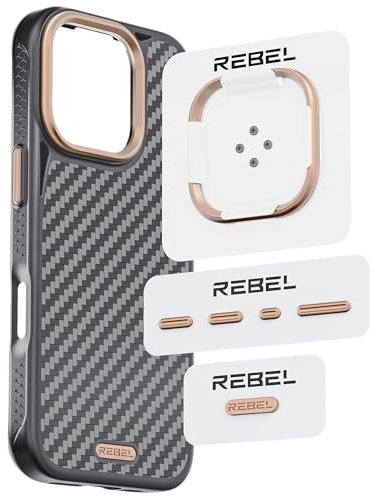 REBEL Aufrüstsatz aus Metall, CNC-Aluminium-Set, Objektivring, Tasten- und Logo-Pack für Hüllen für iPhone 16 Pro Max, 16 Pro, 15 Pro Max/15 Pro, 14 Pro Max, Flex, 6. und 5. Generation, Desert Gold