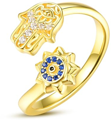 KINGWHYTE Evil Eye Hamsa Hand der Fatima Ring Vergoldet 925 Sterling Silber Verstellbare Offene Ringe Glücksschutz Schmuck Geschenke für Frauen Damen