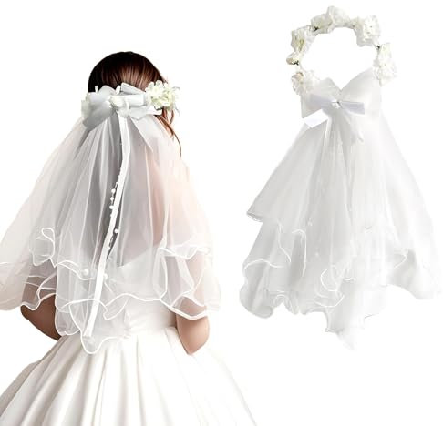 LIANCHEN Schleier Braut Kranz Kopfschmuck Blumenkranz Brautschleier Blumen Krone Blumen Künstliche Blumen Krone Blumenkranz Haare mit Schleier für Braut, Festival, Party, Halloween (Weiß)