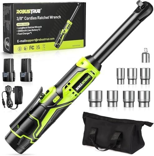 Robustrue Chiave a cricchetto da 3/8 con batteria da 2 x 2,0 Ah, chiave a cricchetto estesa da 15,2 cm, cricchetto senza fili da 400 giri/min, cacciavite elettrico a cricchetto con velocità variabile