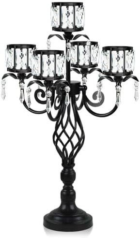 58,9 cm hoch, eleganter und schicker 5-Armiger Kristall-Kerzenhalter, Tischdekoration, Teelichthalter, Kandelaber für wunderschöne Hochzeiten/Partys, Tischdekoration (1, schwarz)