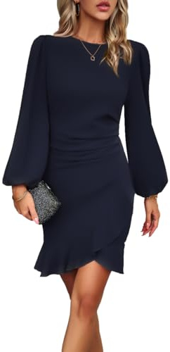 VHUQGVU Robe Cocktail Mariage Vintage Robe Casual Femme Robe baptême col Rond Manches Longues,Bleu 1,XL