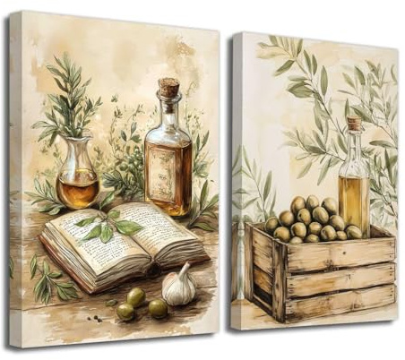 ZXHYWYM 2Pcs Green Olive Wall Art Vintage Kitchen Pictures Rustic Farmhouse Botanical Paintings Fruit Trees Picture Still Life Artwork Prints Dining Room Wall Decor (Brown, 11x14inx2 Pieces)