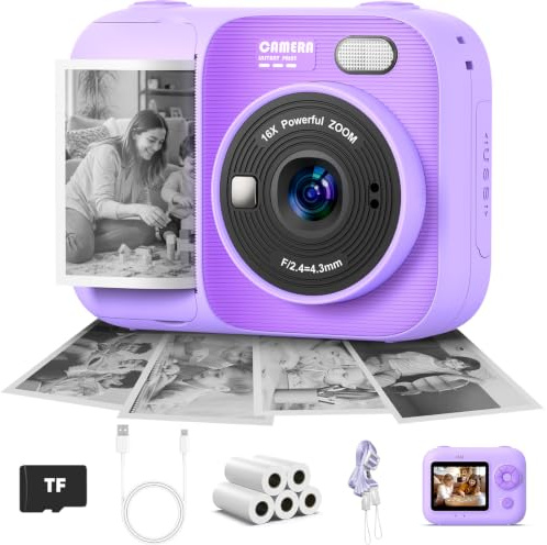 Appareil Photo Instantané pour Enfant avec Imprimante Intégrée – Écran 2.4 Pouces, Carte Micro SD, Mode Selfie et Vidéo pour Garçons et Filles de 3 à 14 Ans