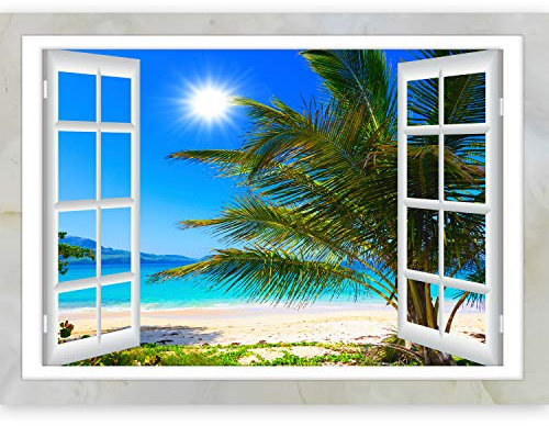 murando – 3D ILLUSION D'OPTIQUE – 140x100 cm Papier peint intissé – Tableaux muraux – Déco – Vue depuis la fenetre – Mer Plage Palmier
