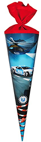 alles-meine.de GmbH Schultüte - Polizei & Helikopter - 85 cm - eckig - Tüllabschluß - Zuckertüte - mit/ohne Kunststoff Spitze - für Jungen - Polizist/Polizeiauto - Polize..