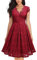 FEOYA - Robe de Soirée Femme en Dentelle Florale Col V Robe de Cocktail Vintage sans Manches Grande Jupe Swing Bourgogne Taille 44