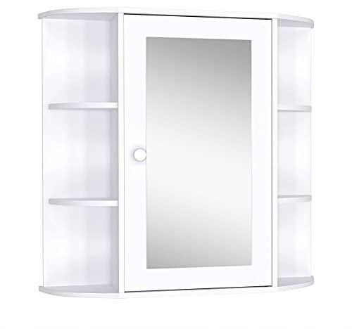 HOMCOM Mobiletto Pensile da Bagno, Armadietto Bagno con Specchio, Anta Centrale e Mensole in Legno Bianco (60 x 17 x 63 cm)