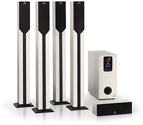 Auna Areal Elegance - Sistema Home Cinema 5.1, Subwoofer 5, 5 Altavoces satélite (3+5), Potencia 190 W, Bluetooth, Puerto USB/SD, AUX, Pantalla LED, Mando a Distancia, Estética Madera, Blanco